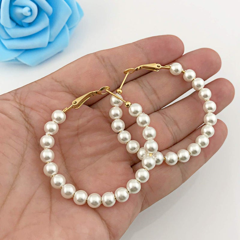 RONLLNA Pearl Hoop Earrings for Women Fashion Dangle Hypoallergenic Layer Earrings Drop Dangle Earrings Gifts for Women (45mm hoop) - Image 5